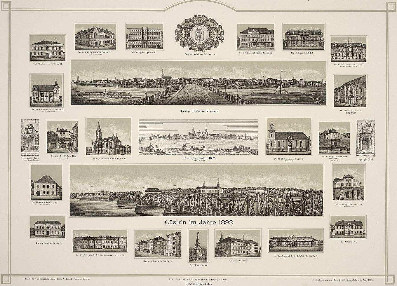 Printed sheet of 1893 titled Cüstrin im Jahre 1893, with panoramas of the town and the iron bridge, and small views of churches, gates, schools and barracks.