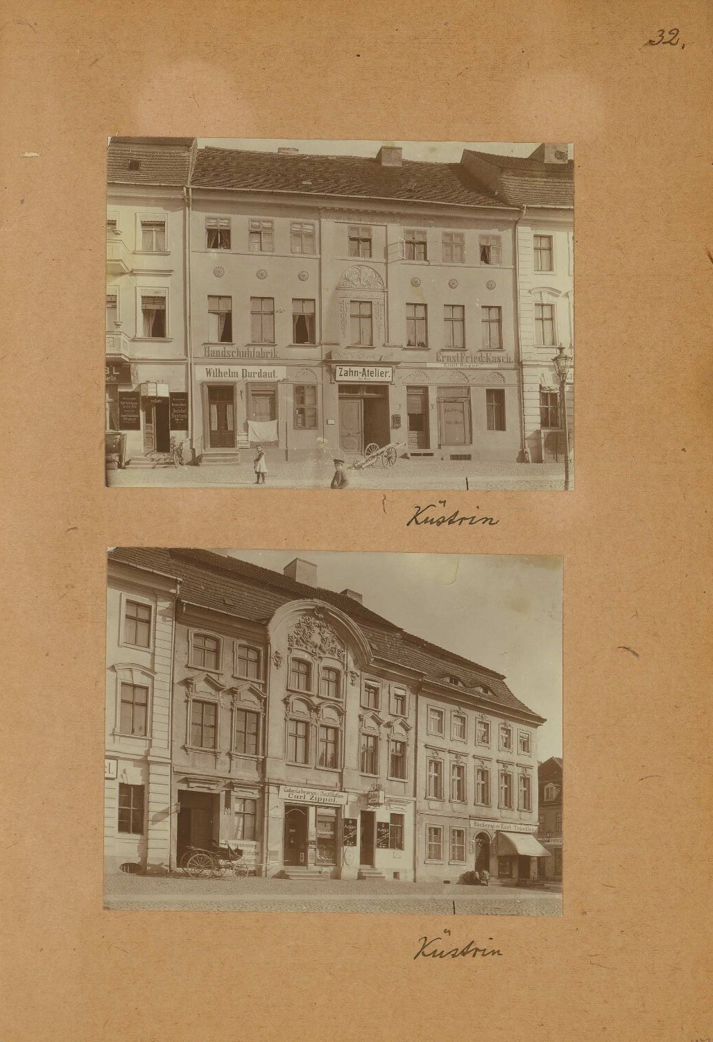A page from Otto Stiehl's photo album, 1908 to 1912: two sepia photographs of tall plastered houses with shop signs on the market square of Küstrin, captioned Küstrin by hand.