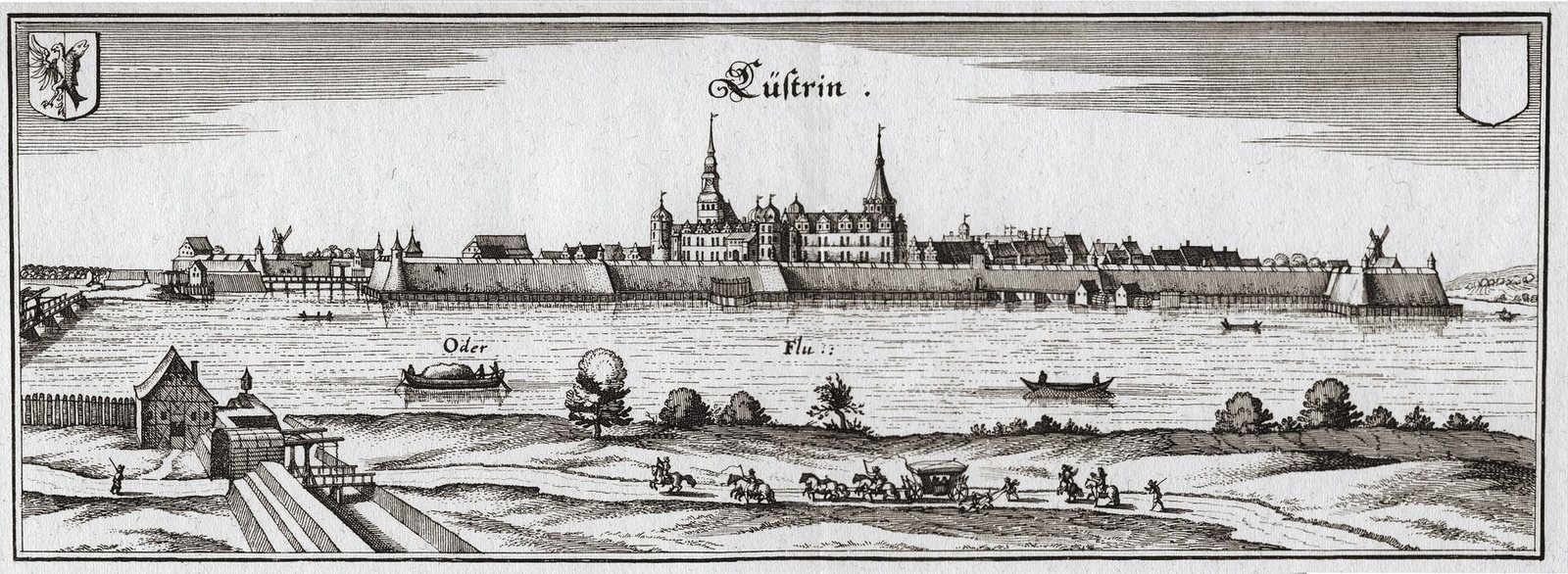 Copperplate view of Küstrin across the Oder in 1652, with windmills and the Schloss towers on the skyline.
