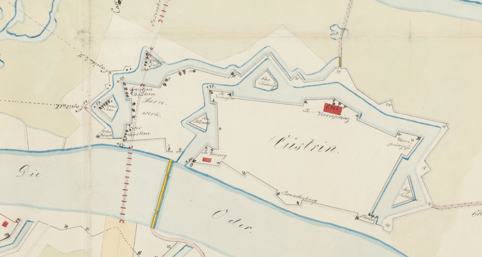 Hand-coloured plan of the fortress of Cüstrin, about 1860: a star-shaped enceinte with named bastions, moats drawn in blue and the Oder below.