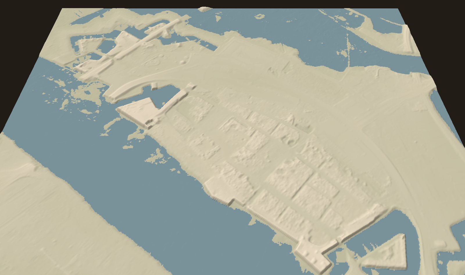3D render of today's terrain from LiDAR: the rubble of the town blocks shows as raised patches between the old streets.