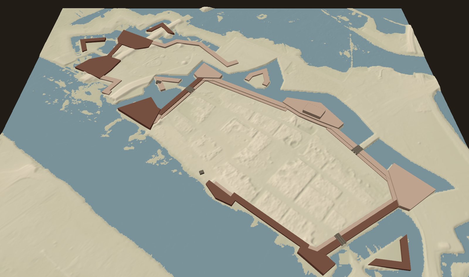 3D render of the terrain with the fortress works of 1913 rebuilt as simple brick-coloured solids.