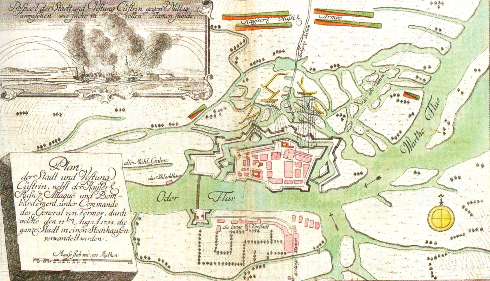 Coloured plan of the Russian siege of Küstrin in 1758, with the burning town in a small view at top left.