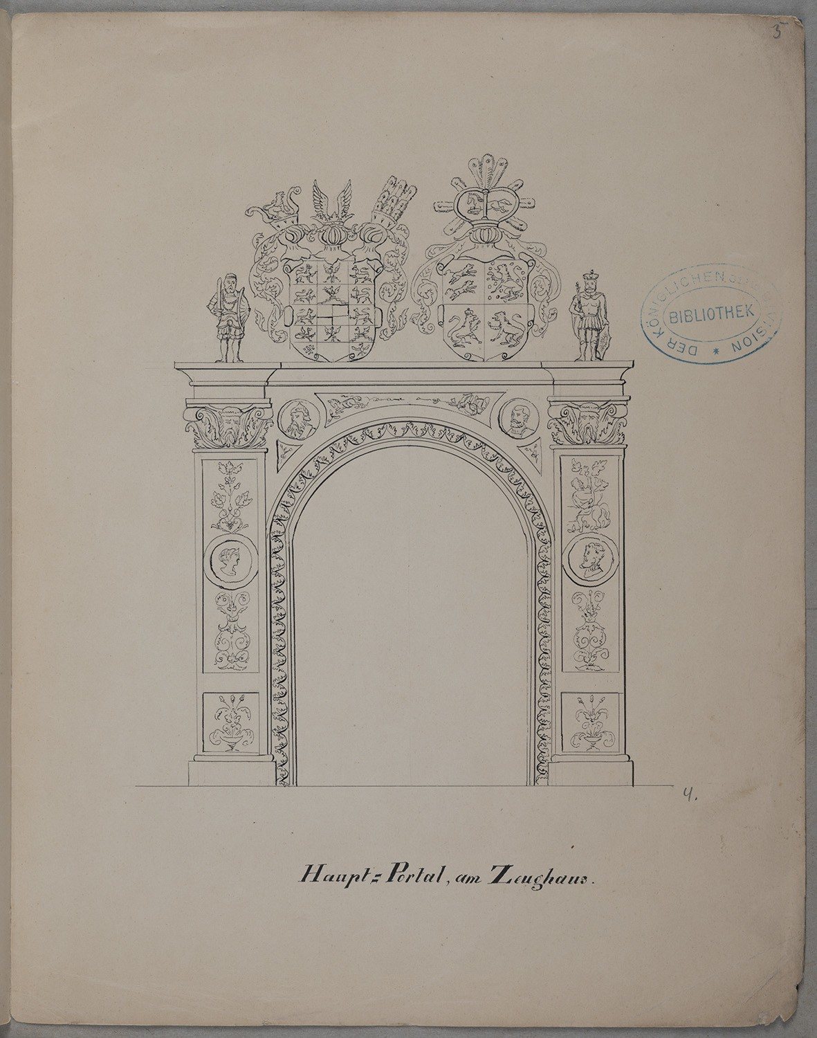 Pen drawing of the arsenal portal of Küstrin, 1853: round arch, pilasters with medallions, two coats of arms above.